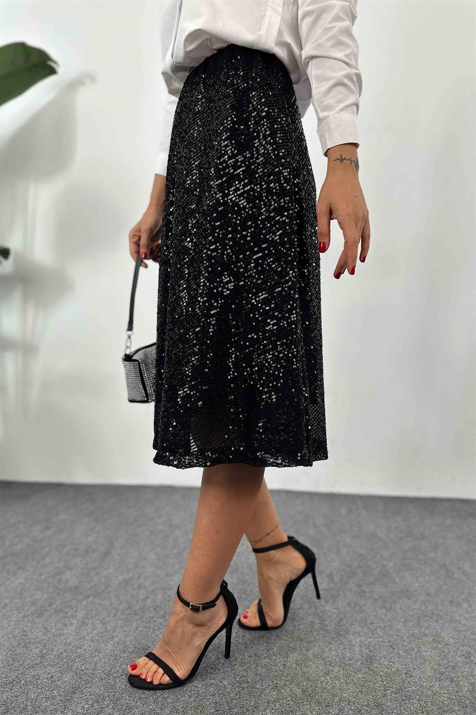 Pul Payet Tasarım Astarlı Kloş Etek Siyah