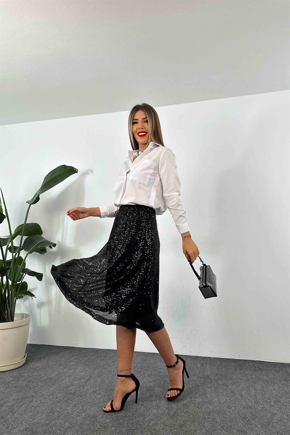 Pul Payet Tasarım Astarlı Kloş Etek Siyah