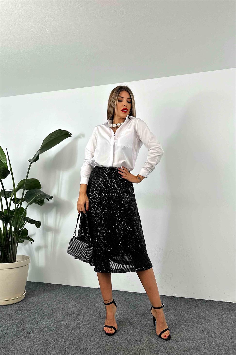 Pul Payet Tasarım Astarlı Kloş Etek Siyah