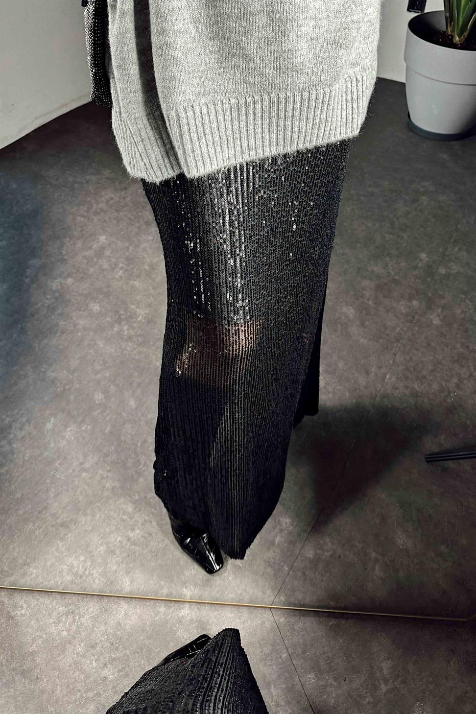 Pul Payetli Tasarım Astarlı Maxi Etek Siyah