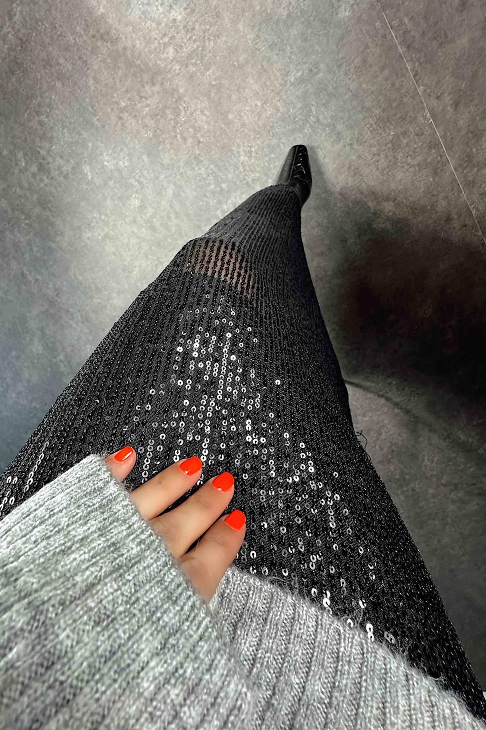 Pul Payetli Tasarım Astarlı Maxi Etek Siyah