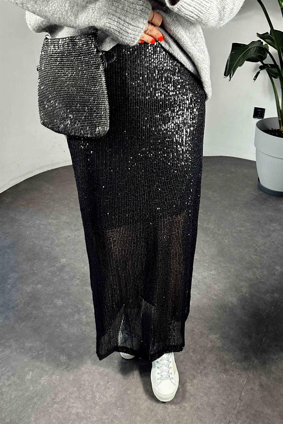 Pul Payetli Tasarım Astarlı Maxi Etek Siyah