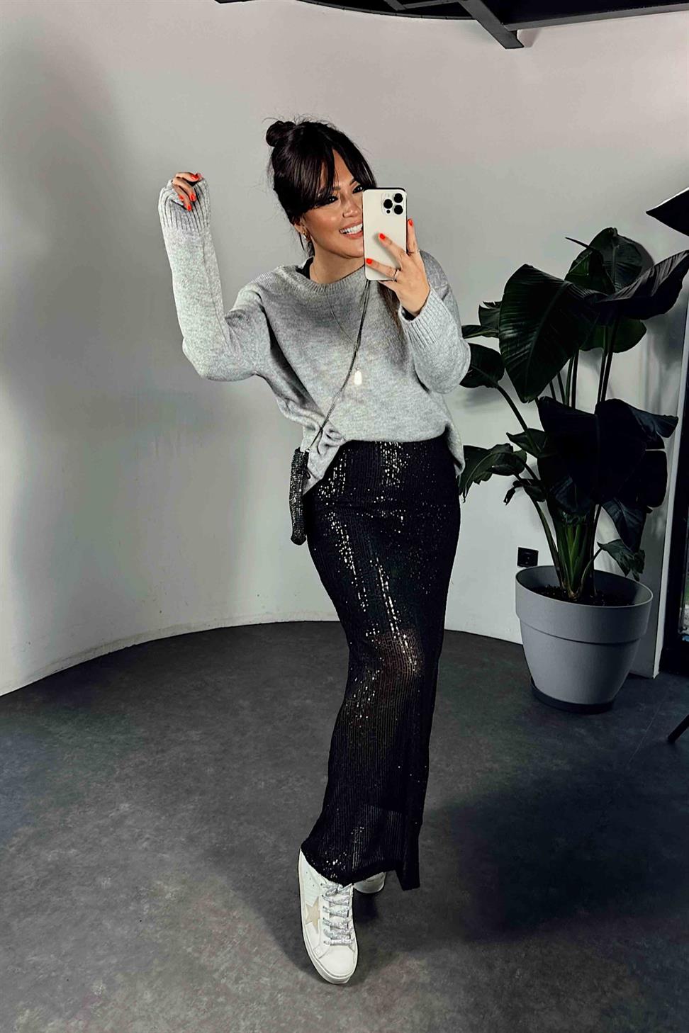 Pul Payetli Tasarım Astarlı Maxi Etek Siyah