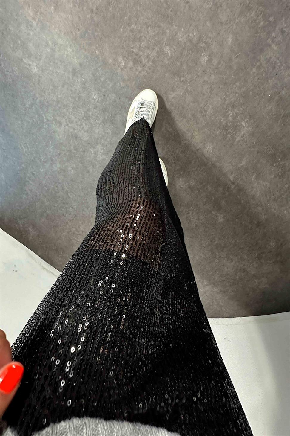 Pul Payetli Tasarım Astarlı Maxi Etek Siyah