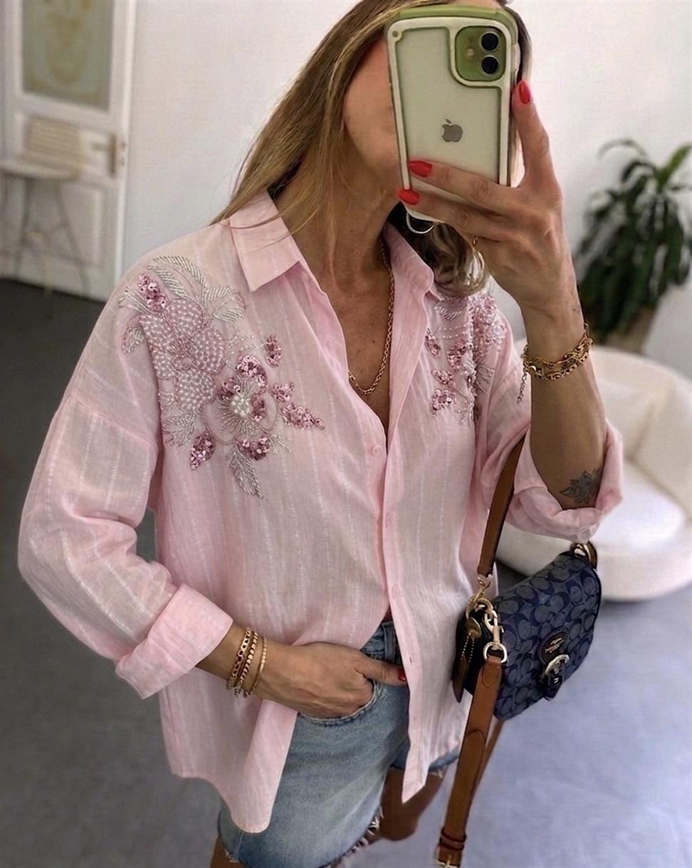 Pul ve Boncuk İşlemeli Flora Gömlek Pembe
