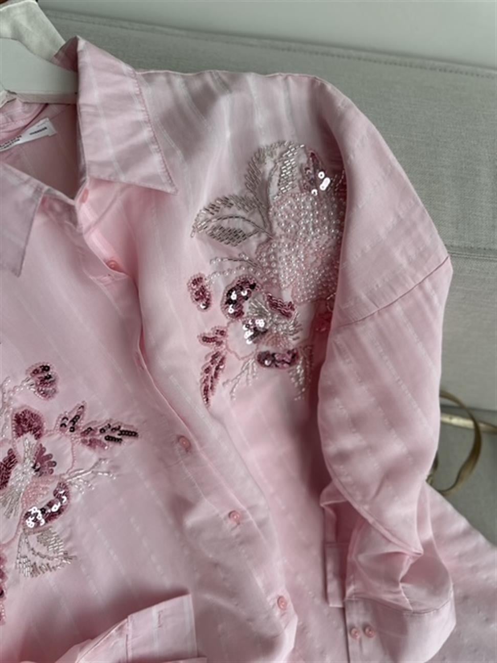 Pul ve Boncuk İşlemeli Flora Gömlek Pembe