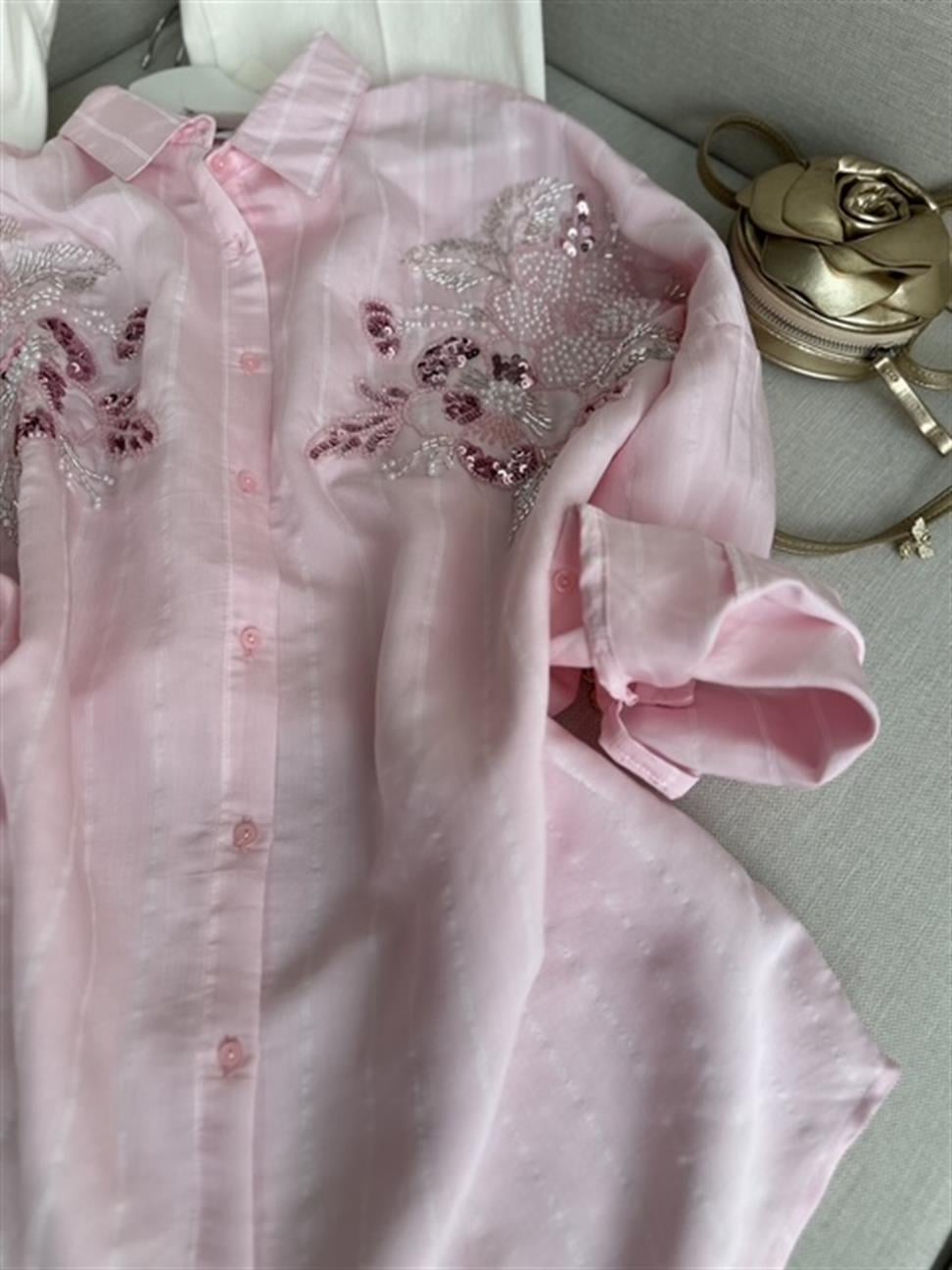 Pul ve Boncuk İşlemeli Flora Gömlek Pembe