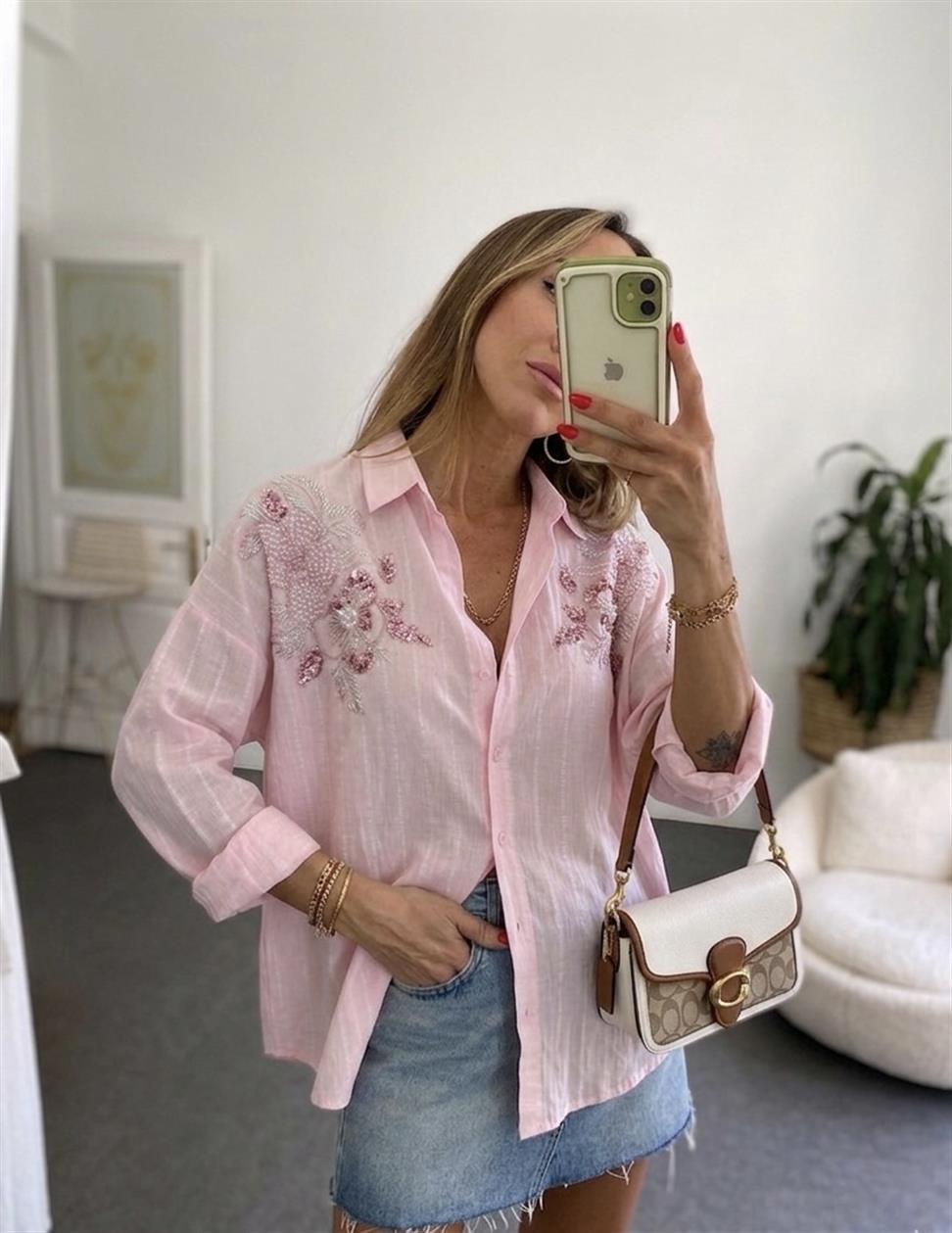 Pul ve Boncuk İşlemeli Flora Gömlek Pembe