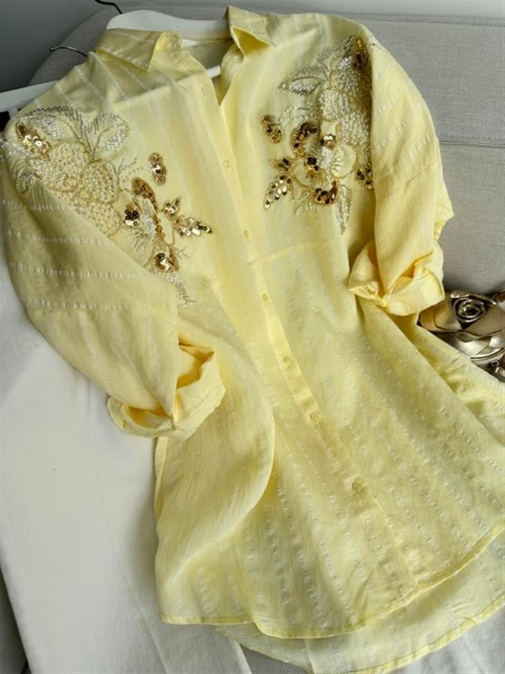 Pul ve Boncuk İşlemeli Flora Gömlek Sarı