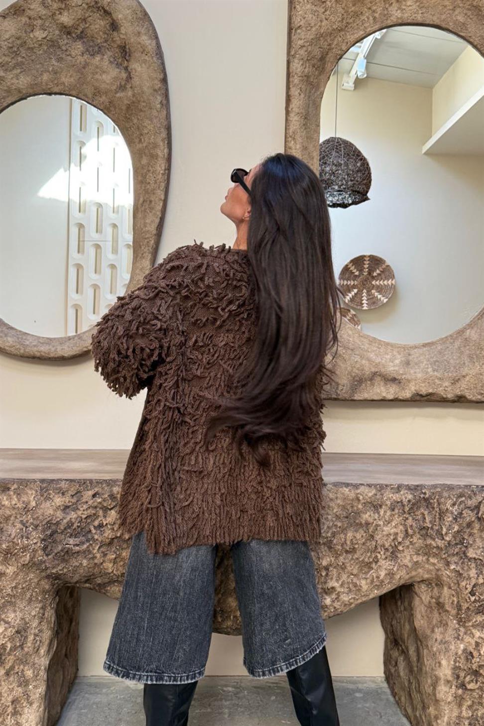 Püsküllü Kısa Hırka Acı Kahve