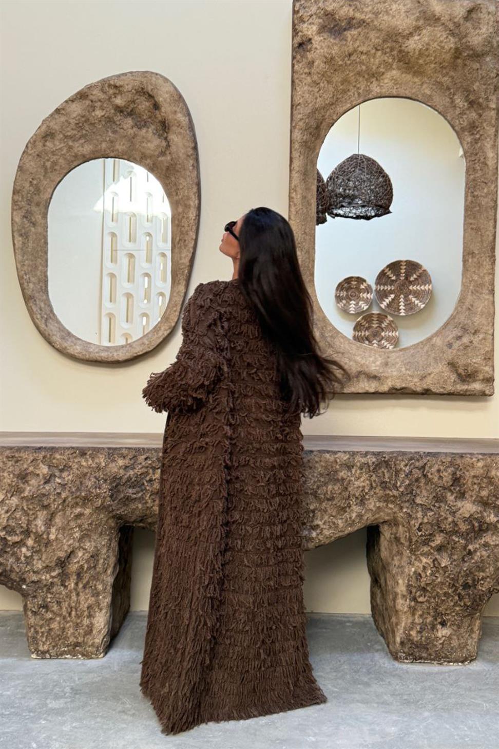 Püsküllü Uzun Hırka Acı Kahve