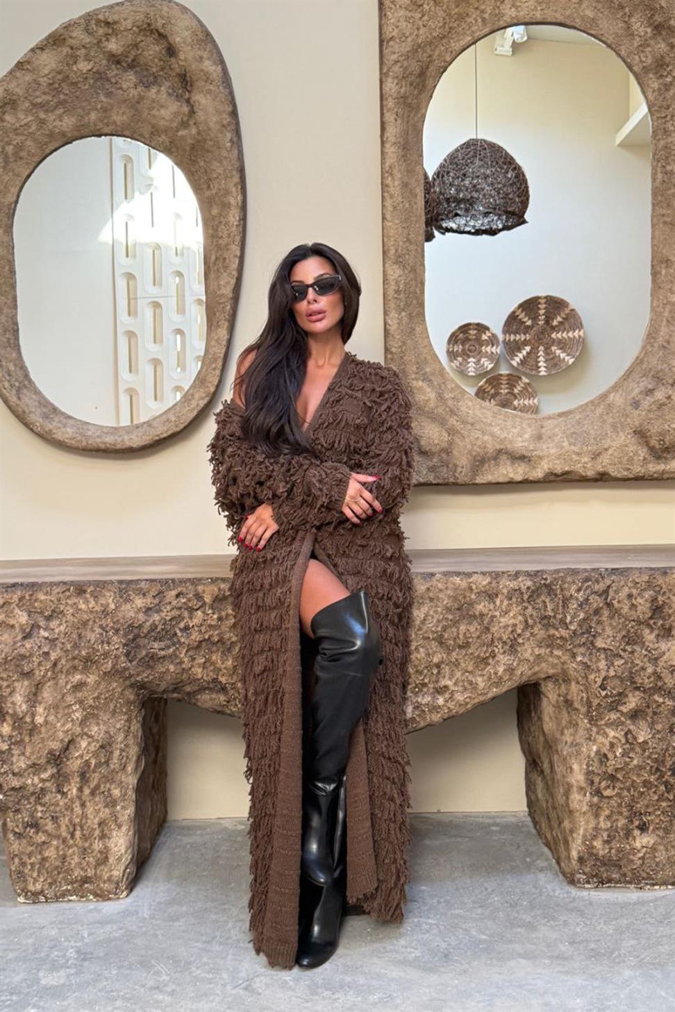 Püsküllü Uzun Hırka Acı Kahve