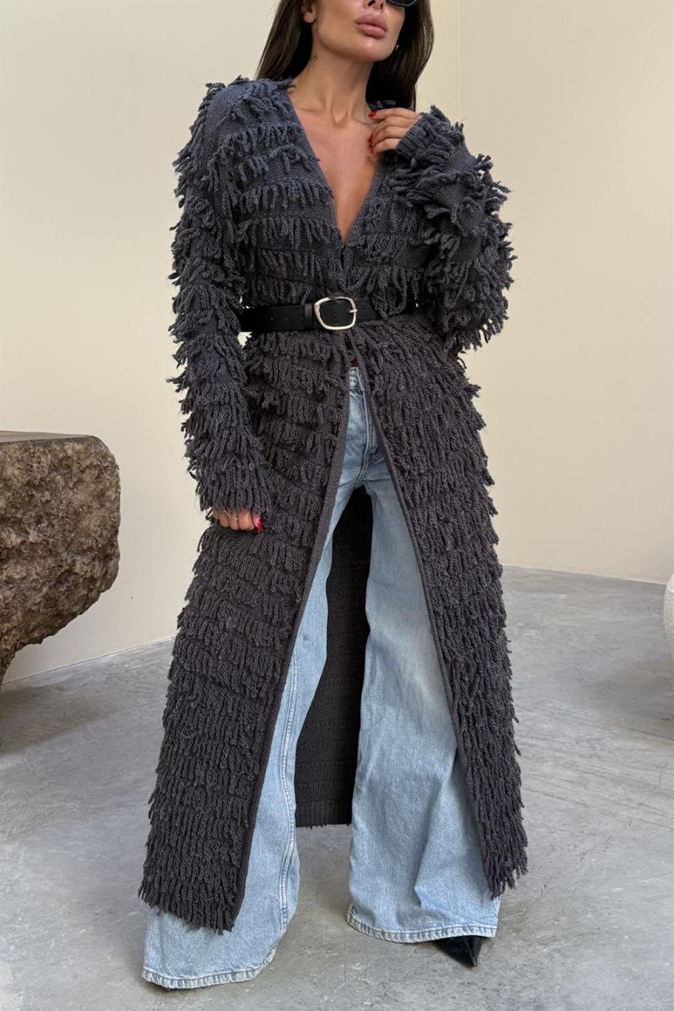 Püsküllü Uzun Hırka Antrasit