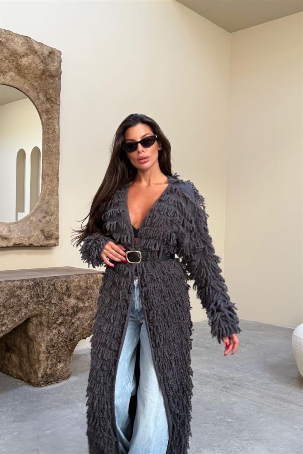 Püsküllü Uzun Hırka Antrasit