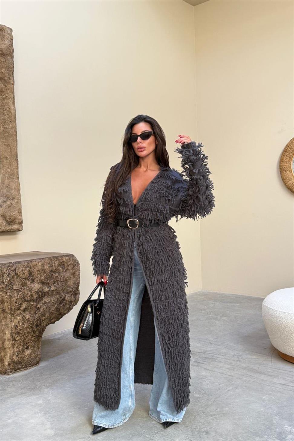 Püsküllü Uzun Hırka Antrasit