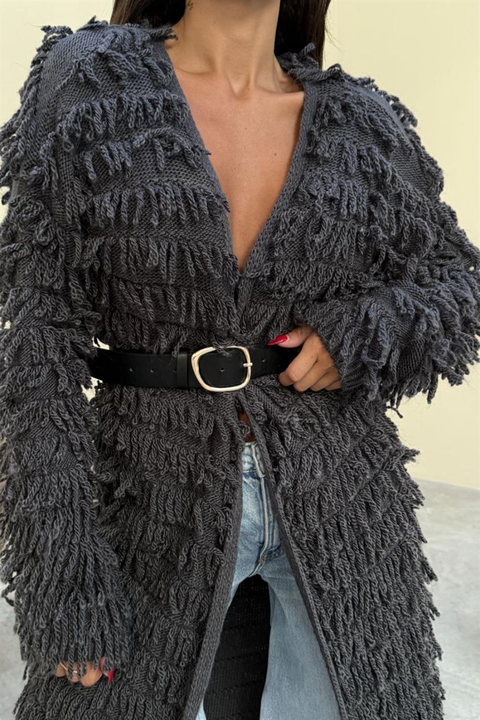 Püsküllü Uzun Hırka Antrasit