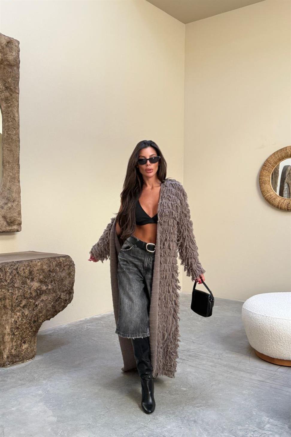 Püsküllü Uzun Hırka Vizon