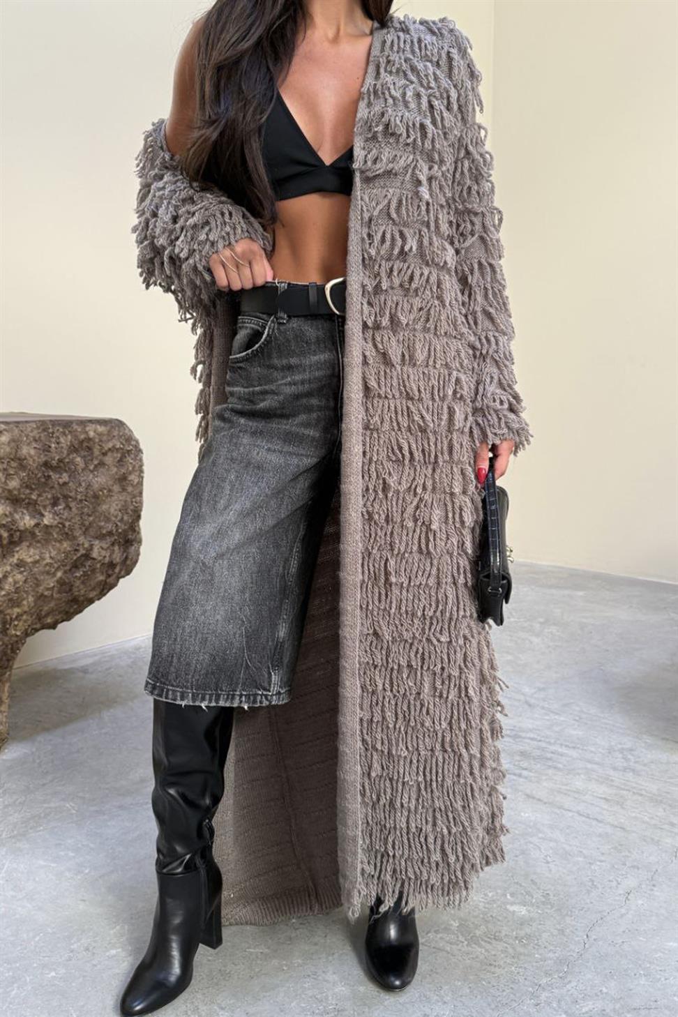 Püsküllü Uzun Hırka Vizon