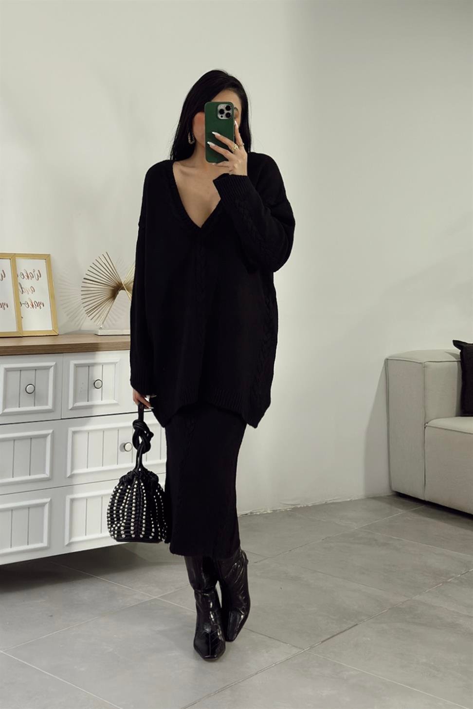 Saç Örgü Detaylı Etekli Triko Takım Siyah