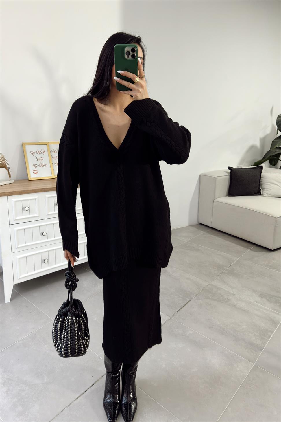 Saç Örgü Detaylı Etekli Triko Takım Siyah