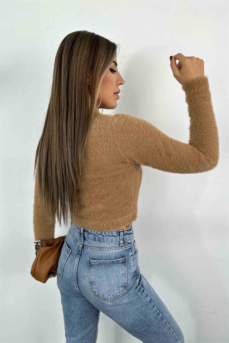 Bisiklet Yaka Crop Kazak Camel