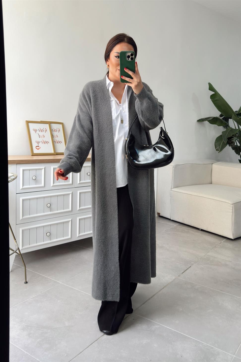 Sakallı Uzun Triko Hırka Gri