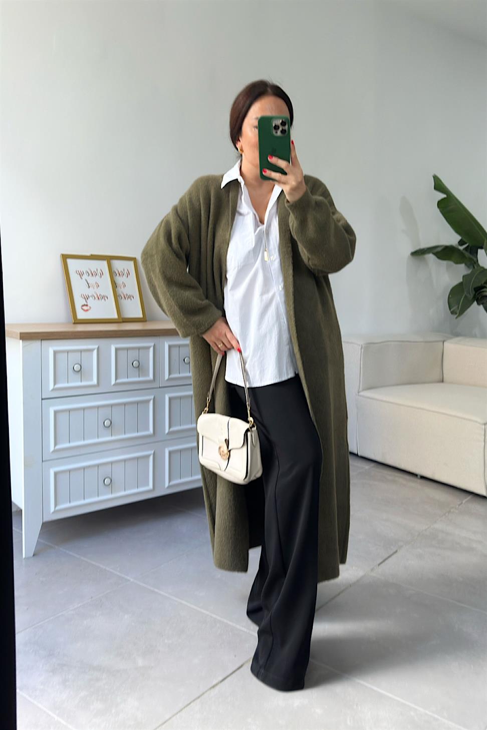 Sakallı Uzun Triko Hırka Haki