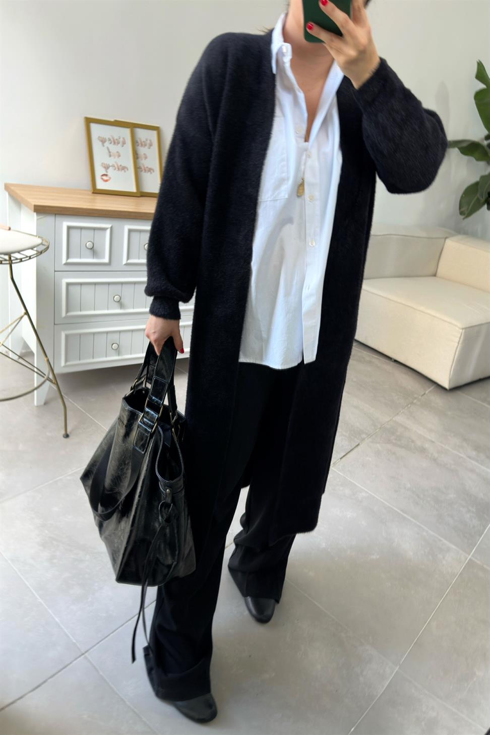 Sakallı Uzun Triko Hırka Siyah