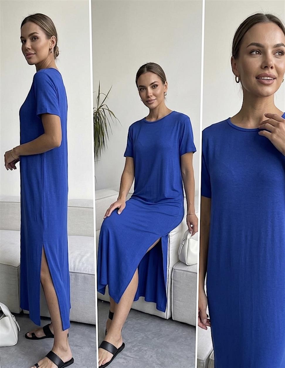 Saks Mavi Çift Yırtmaçlı Pamuk Penye Elbise