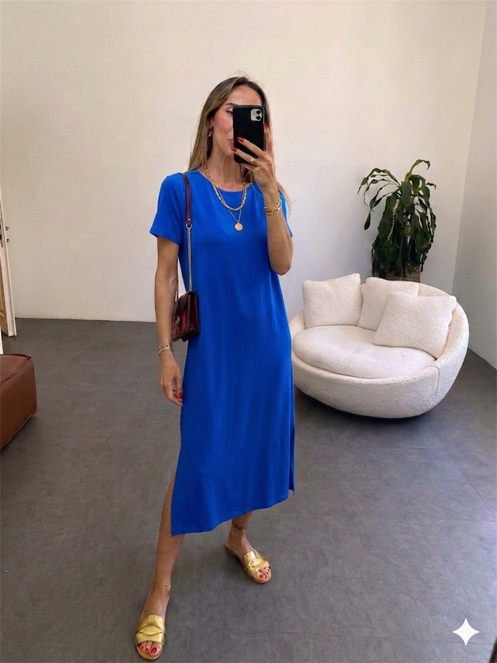 Saks Mavi Çift Yırtmaçlı Pamuk Penye Elbise