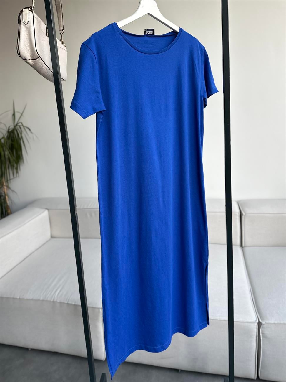 Saks Mavi Çift Yırtmaçlı Pamuk Penye Elbise