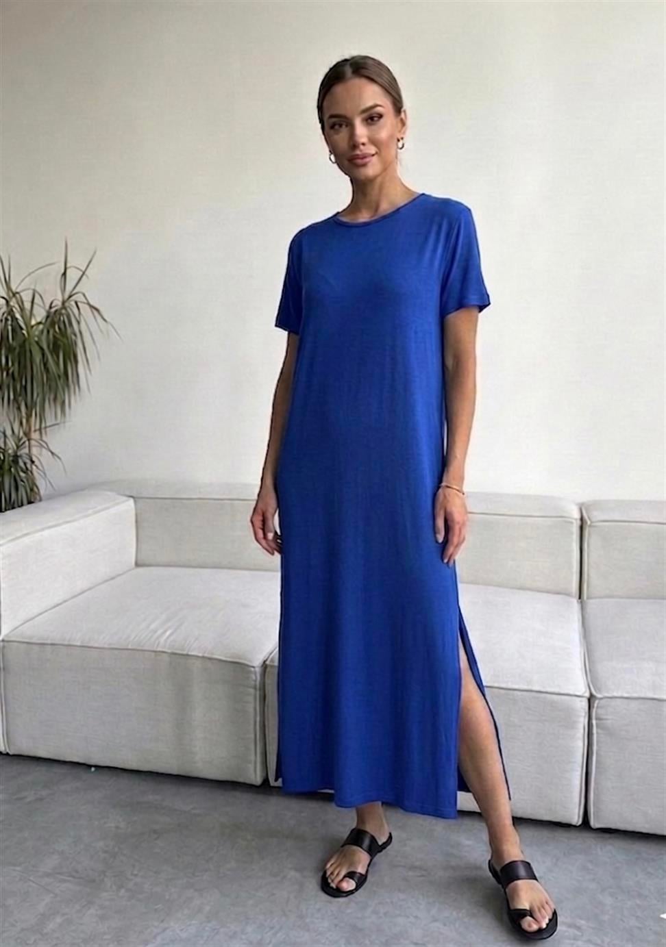 Saks Mavi Çift Yırtmaçlı Pamuk Penye Elbise