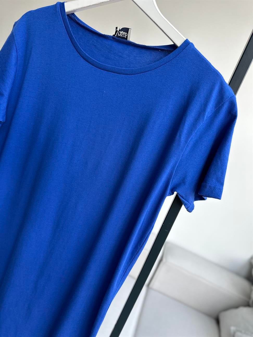 Saks Mavi Çift Yırtmaçlı Pamuk Penye Elbise