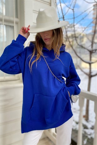 Saks Mavisi Kol Tasarım Yanlar Fermuar Detay Oversize Sweat