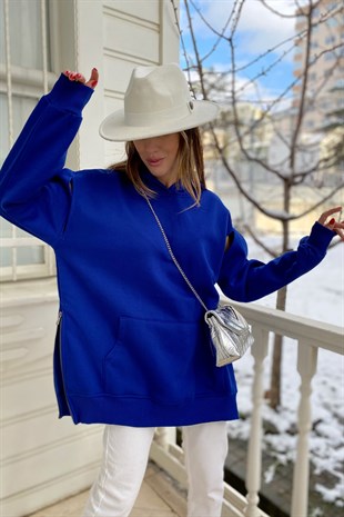 Saks Mavisi Kol Tasarım Yanlar Fermuar Detay Oversize Sweat