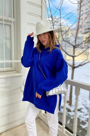 Saks Mavisi Kol Tasarım Yanlar Fermuar Detay Oversize Sweat