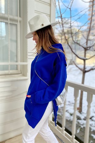 Saks Mavisi Kol Tasarım Yanlar Fermuar Detay Oversize Sweat