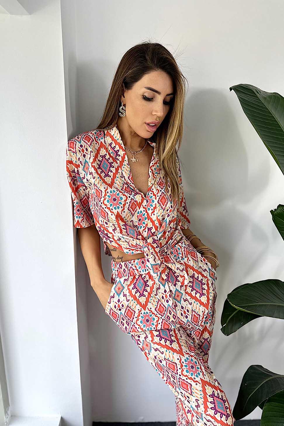 Şal Yaka Beli Bağlamalı Renkli Kimono Takım Turuncu