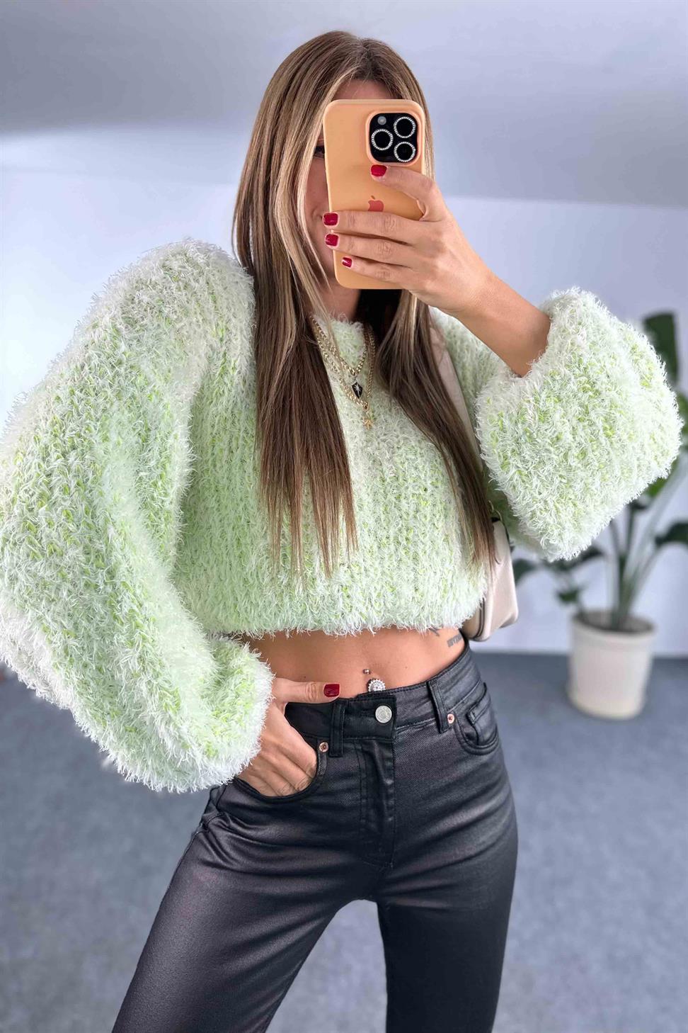 Salaş Tasarım Crop Kazak Neon Yeşil