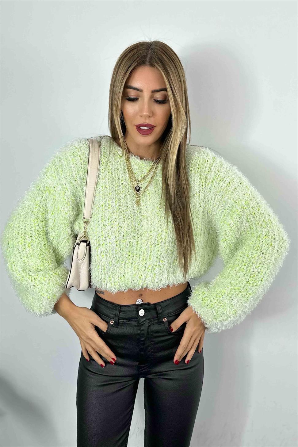 Salaş Tasarım Crop Kazak Neon Yeşil