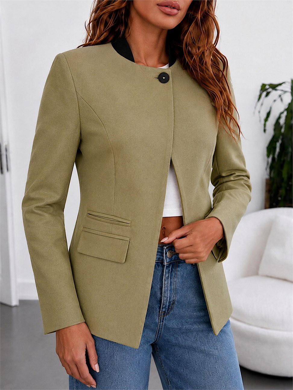 Saten Astarlı Dik Yaka Tek Düğme Tasarım Blazer Ceket Yağ Yeşili