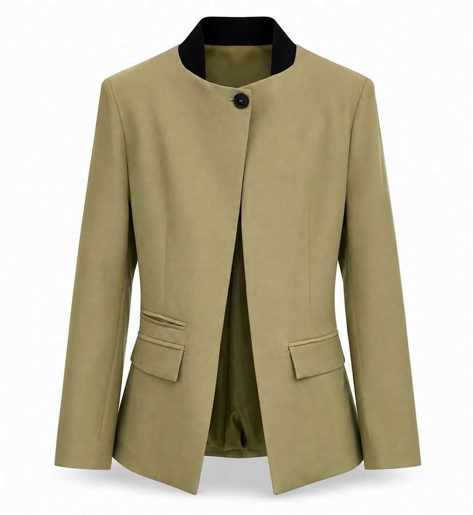 Saten Astarlı Dik Yaka Tek Düğme Tasarım Blazer Ceket Yağ Yeşili