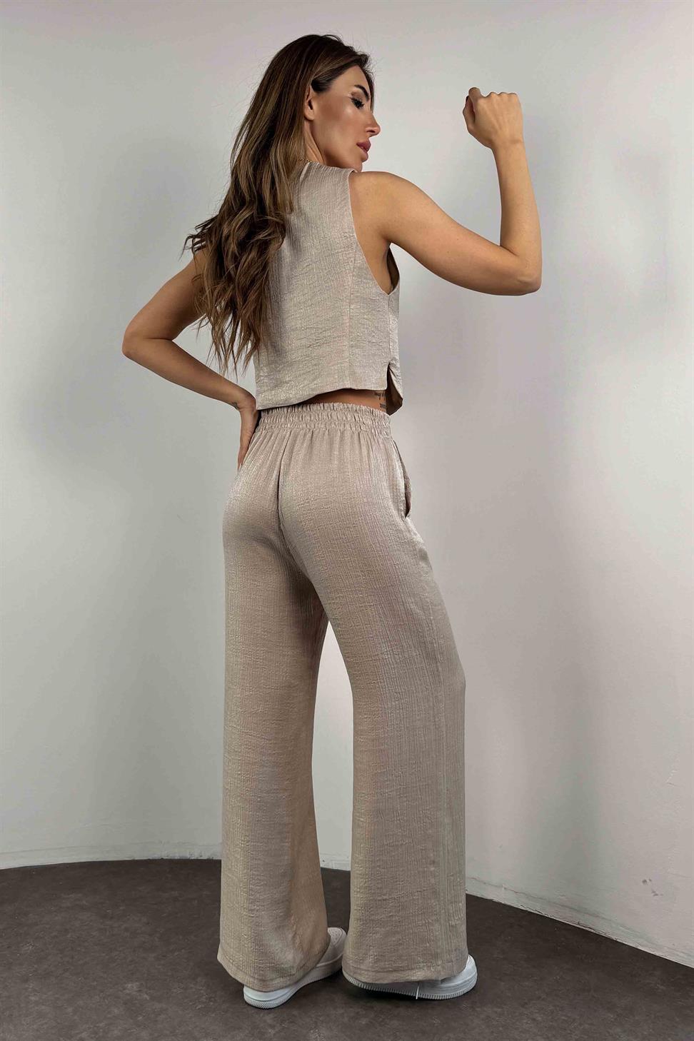 Saten Dokulu İkili Kadın Takım Bej