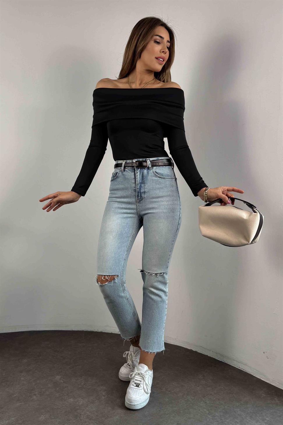 Scuba Kumaş Madonna Yaka Bodysuit Siyah