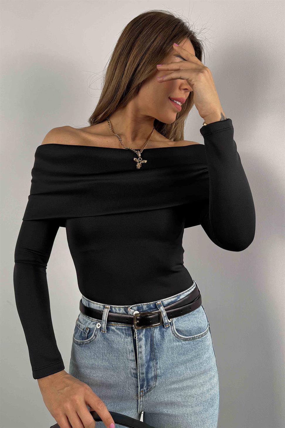 Scuba Kumaş Madonna Yaka Bodysuit Siyah