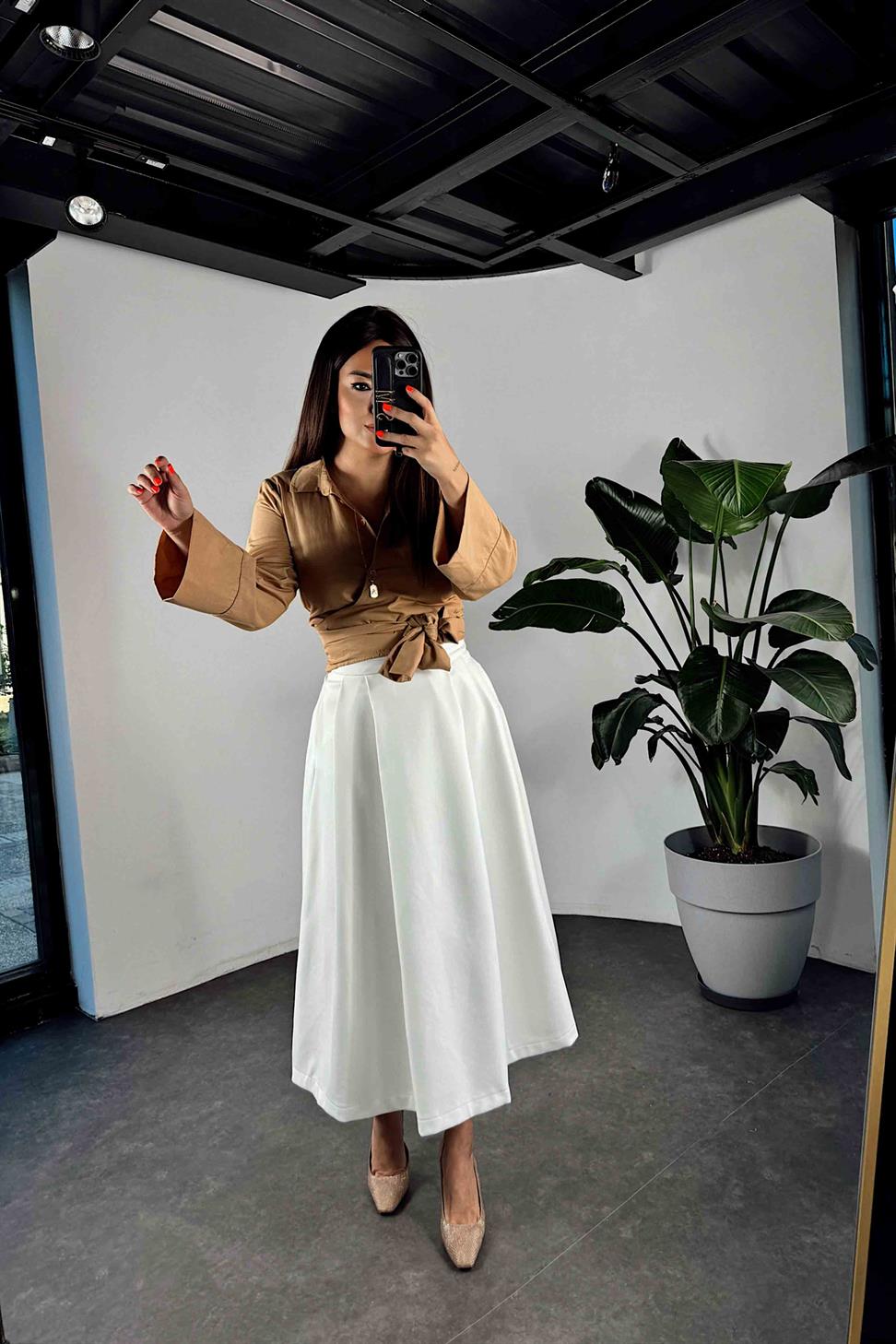 Scuba Kumaş Pileli Etek Beyaz