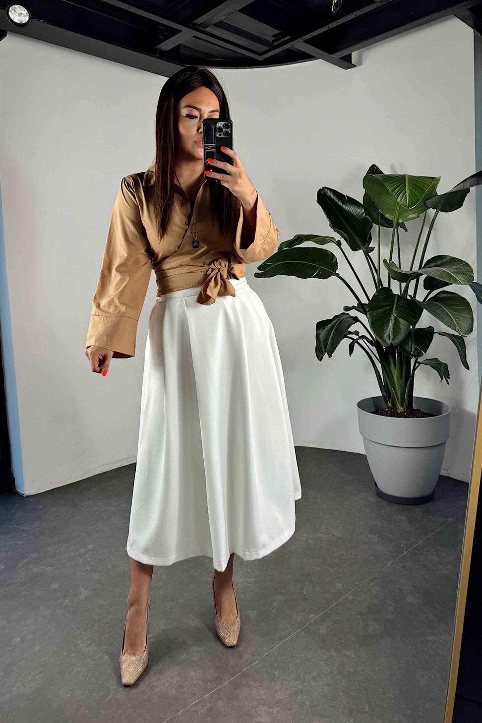 Scuba Kumaş Pileli Etek Beyaz