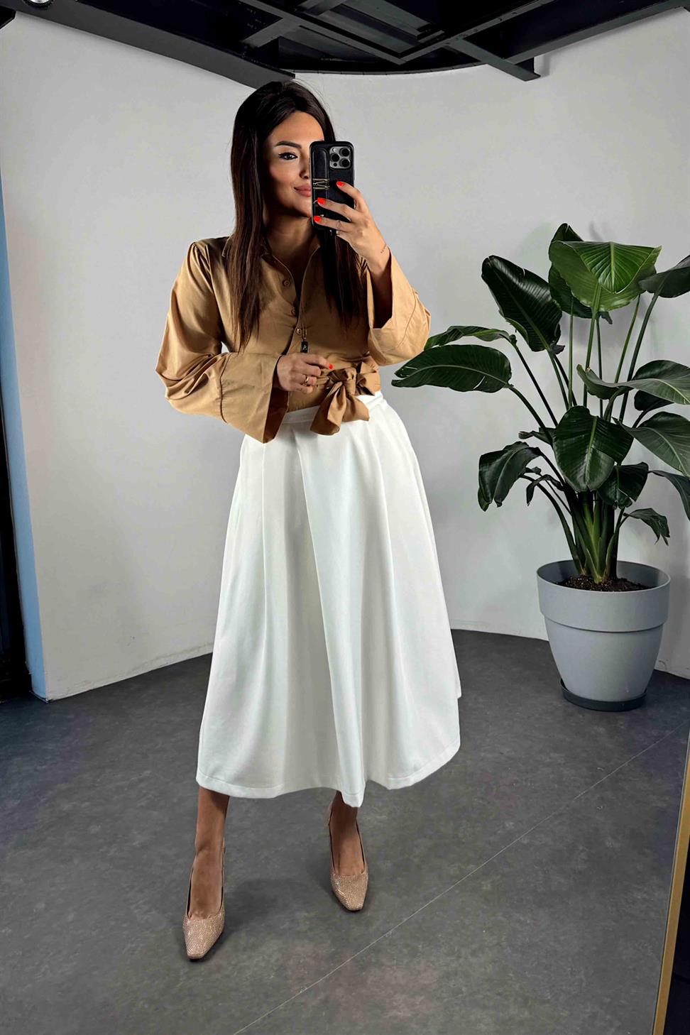 Scuba Kumaş Pileli Etek Beyaz