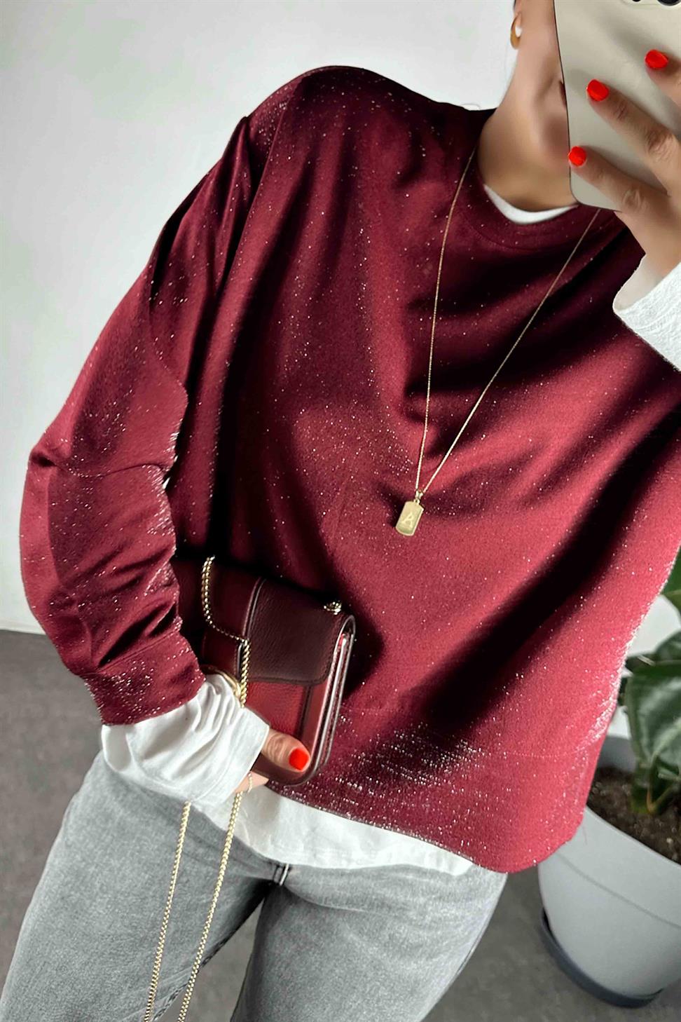 Scuba Kumaş Sim Detaylı Kadın Bluz Bordo