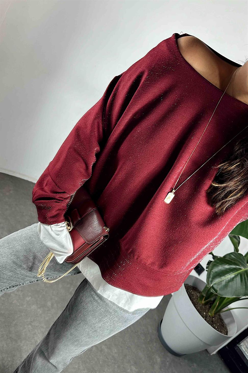 Scuba Kumaş Sim Detaylı Kadın Bluz Bordo